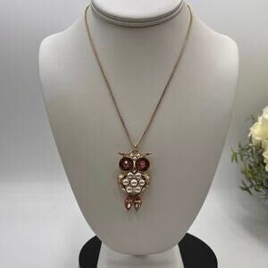 Betsey Johnson Gold Tone Pink Rhinestone Faux Pearl‎ Owl Pendant Necklace New